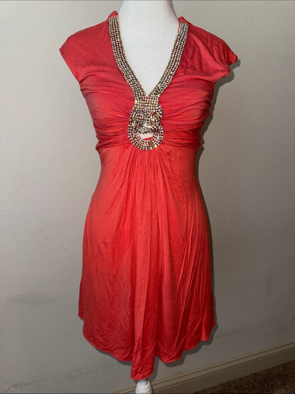 Sky Embellished V-Neck Coral Dress